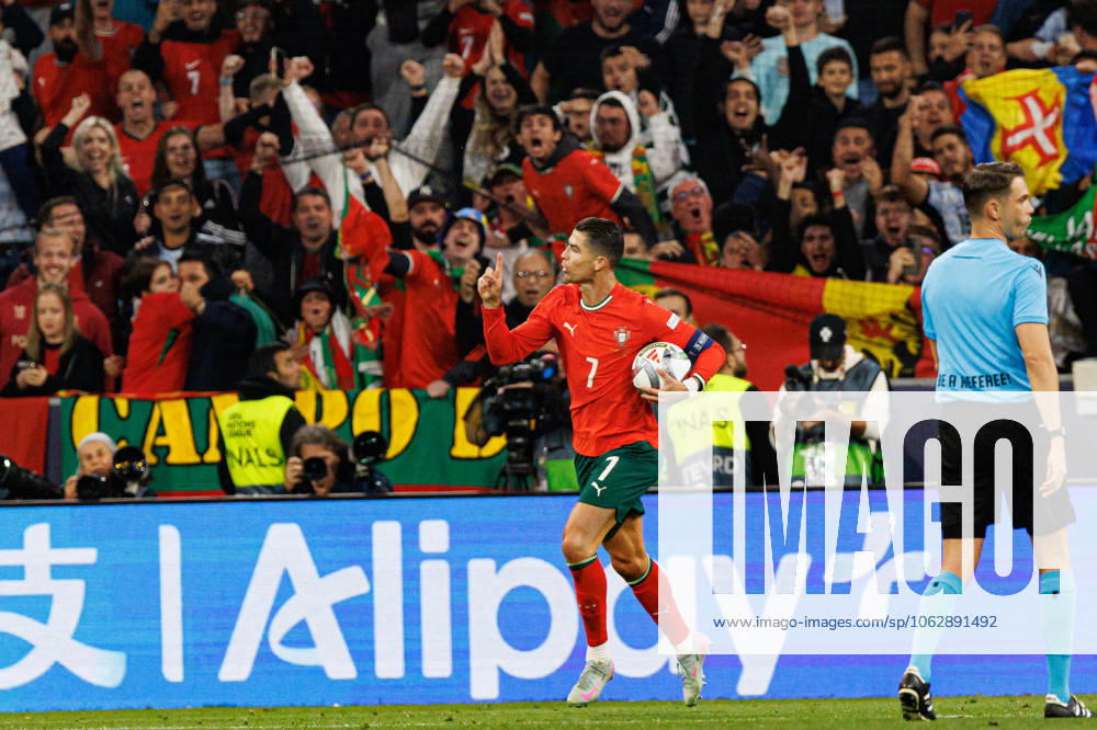 Cristiano Ronaldo seen celebrating after scoring goal during UEFA Nations League 2025 final game between national teams of Portugal and Spain (Maciej Rogowski) Munich Allianz Arena Germany
