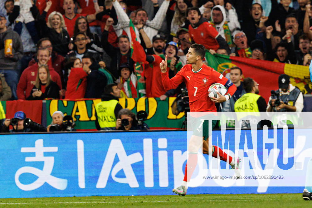 Cristiano Ronaldo seen celebrating after scoring goal during UEFA Nations League 2025 final game between national teams of Portugal and Spain (Maciej Rogowski) Munich Allianz Arena Germany