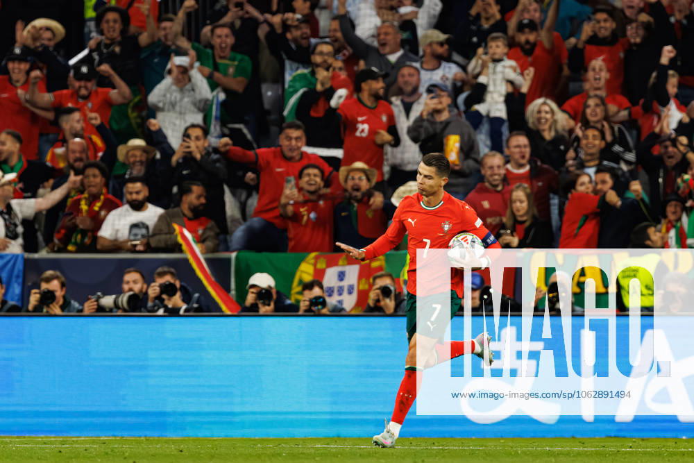 Cristiano Ronaldo seen celebrating after scoring goal during UEFA Nations League 2025 final game between national teams of Portugal and Spain (Maciej Rogowski) Munich Allianz Arena Germany
