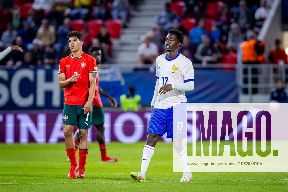 PORTUGAL U21, U 21 - FRANCE U21 Mateus Fernandes of Portugal and Soungoutou Magassa of France during the UEFA European Under-21 Championship 2025 football match between Portugal U21 and France U21. Stadium Na Sihoti, Trencin, Slovakia, June 11, 2025. Photo by Branislav Racko