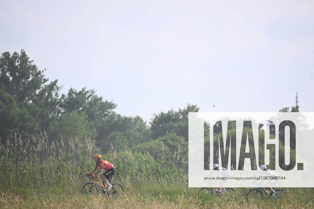 Dwars door het Hageland 2025 Cycling Race DIEST, BELGIUM - JUNE 14 : Tiller Rasmus (NOR) of Uno-X Mobility, Philipsen Jasper (BEL) of Alpecin - Deceuninck and Magnier Paul (FRA) of Soudal - Quick Step during the 13th edition of Dwars door het Hageland an UCI ProSeries 1.Pro one day cycling road race for Men Elite of 180 km with start in Aarschot and finish in Diest on June 14, 2025 in Diest, Belgium, 14 06 2025 ( Motordriver Stephan Boone - Diest Belgium