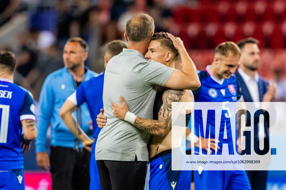 SLOVAKIA U21, U 21 - ITALY U21 Tomas Suslov of Slovakia and Head coach of Slovakia U21 Jaroslav Kentos after the UEFA European Under-21 Championship 2025 Group A football match between Slovakia U21 and Italy U21. Stadium City Arena, Trnava, Slovakia, June 14, 2025. Photo by Branislav Racko