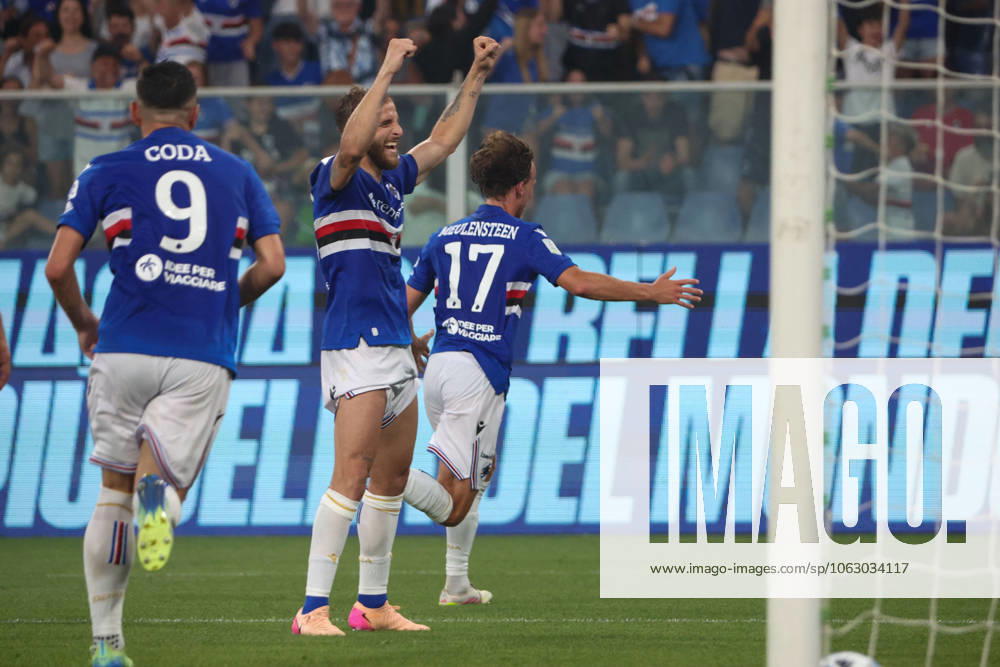 CALCIO - Serie B - PlayOut - UC Sampdoria vs US Salernitana Serie B, Playout, Genova, Stadio Ferraris, Sampdoria - Salernitana, in the photo: exultation Sibilli and Meulensteen during PlayOut - UC Sampdoria vs US Salernitana, Italian soccer Serie B match in Genova, Italy, June 15 2025 Genova Italy