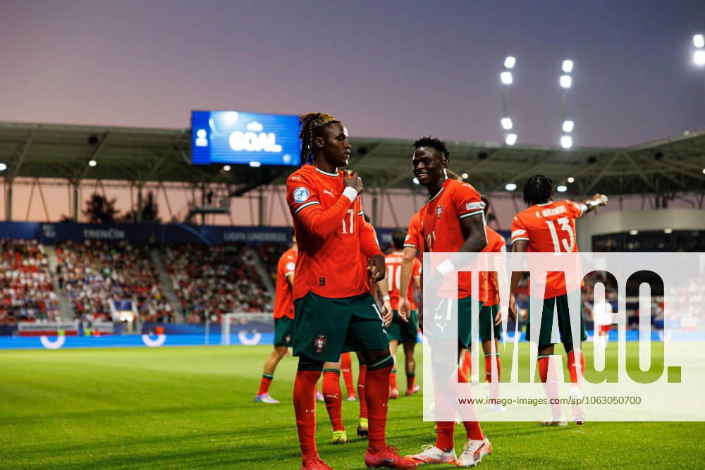 Geovany Quenda and Roger Fernandes seen celebrating after goal during UEFA EURO, EM, Europameisterschaft,Fussball U-21 2025 game between national teams of Portugal and Poland (Maciej Rogowski) Trencin Stadion na Sihoti Slovakia