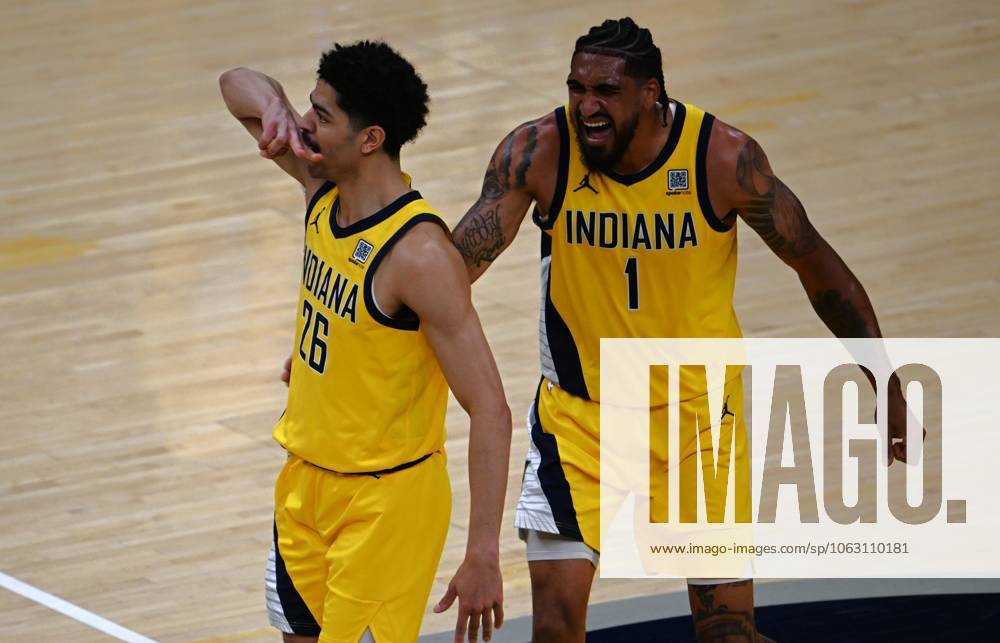 (250620) -- INDIANAPOLIS, June 20, 2025 -- Ben Sheppard (L) and Obi Toppin of Oklahoma City Thunder celebrate scoring during game six of the 2024-2025 season NBA, Basketball Herren, USA Finals between Oklahoma City Thunder and Indiana Pacers in Indianapolis, Indiana, the United States, June 19, 2025. ) (SP)U.S.-INDIANAPOLIS-BASKETBALL-NBA-FINALS-PACERS VS THUNDER WuxXiaoling