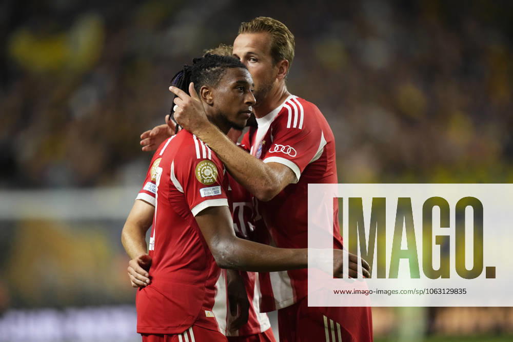 FC Bayern München v CA Boca Juniors: Group C - FIFA Club World Cup 2025 Harry Kane centre-forward of Bayern Munich and England and Michael Olise right winger of Bayern Munich and France celebrates the victory after winning the FIFA Club World Cup 2025 group C match between FC Bayern München and CA Boca Juniors at Hard Rock Stadium on June 20, 2025 in Miami Gardens, Florida. Miami Gardens Florida United States
