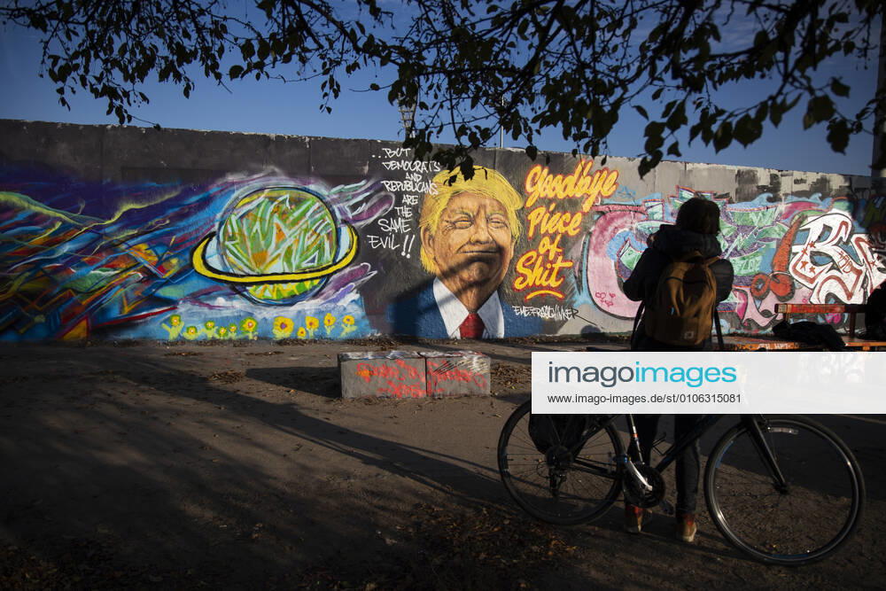 Grafitti des Kuenstlers Eme Freethinker mit Bild von US Praesident Donald Trump und Schrift Goodbye Piece of Shit in Mauerpark in Berlin am 12. November 2020. Donald Trump Graffiti in Berlin