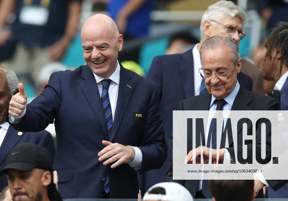 Miami Gardens, USA, 1st July 2025. Gianni Infantino President of Fifa (l) Florentino Perez the President of Real Madrid during the Real Madrid vs Juventus FIFA Club World Cup match at Hard Rock Stadium, Miami Gardens. Picture credit should read: David Klein Sportimage . SPI_023_DK_Madrid_Juve SPI-4001-0024