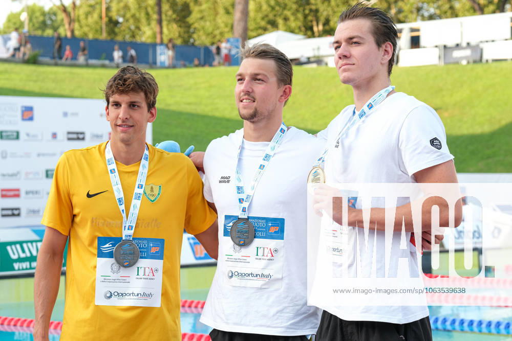 Podium of the day 2 at the Swimming Internationals of the 61th Settecolli in Roma, Italy - 27 Jun 2025 Michele Lamberti of Italy (L), Pavel Samusenko (NAB) (C) and Miron Lifincev (NAB) (R) seen during Podium of Men s 50m Backstroke Final during the second day at the swimming internationals of the 61th Settecolli Trophy. Rome Italy