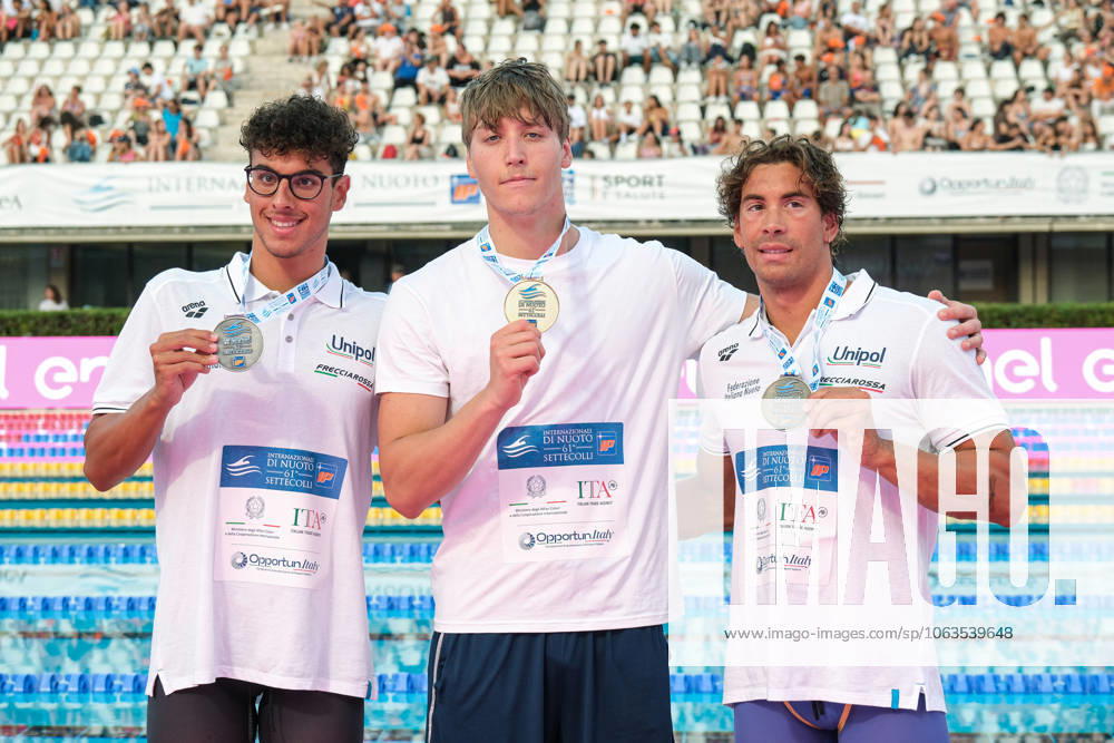 Podium of the day 2 at the Swimming Internationals of the 61th Settecolli in Roma, Italy - 27 Jun 2025 Carlos D Ambrosio of Italy (L), Egor Kornev (NAB) (C) and Manuel Frigo of Italy (R) seen during Podium of Men s 100m Freestyle Final during the second day at the swimming internationals of the 61th Settecolli Trophy. Rome Italy