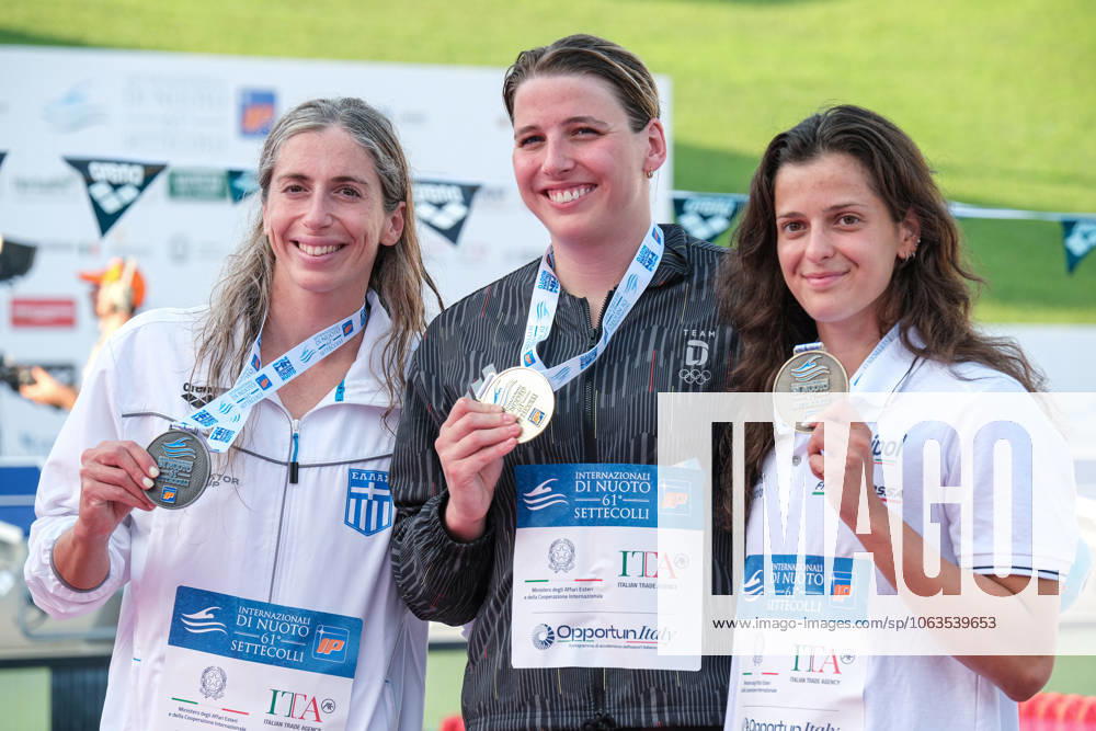 Podium of the day 2 at the Swimming Internationals of the 61th Settecolli in Roma, Italy - 27 Jun 2025 Anna Ntountounaki of Greece (L), Angelina Koehler of Germany (C) and Costanza Cocconcelli of Italy (R) seen during Podium of Women s 100m Butterfly Final during the second day at the swimming internationals of the 61th Settecolli Trophy. Rome Italy