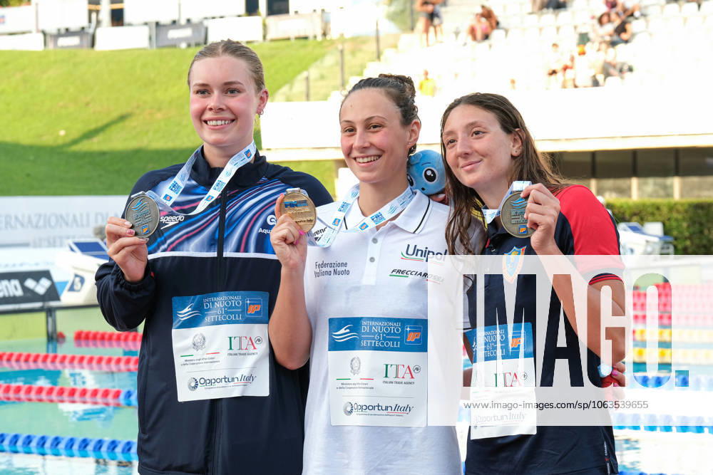 Podium of the day 2 at the Swimming Internationals of the 61th Settecolli in Roma, Italy - 27 Jun 2025 Katie Shanahan of Great Britain (L), Anita Gastaldi of Italy (C) and Federica Toma of Italy (R) seen during Podium of Women s 100m Backstroke Final during the second day at the swimming internationals of the 61th Settecolli Trophy. Rome Italy