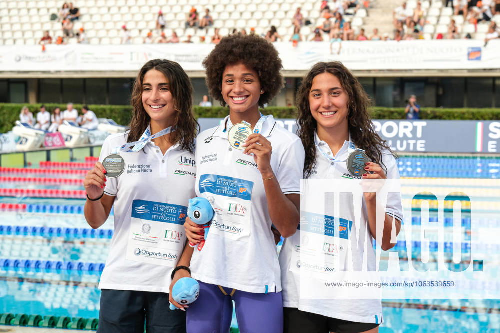 Podium of the day 2 at the Swimming Internationals of the 61th Settecolli in Roma, Italy - 27 Jun 2025 Emma Virginia Menicucci of Italy (L), Sara Curtis of Italy (C) and Sofia Morini of Italy (R) seen during Podium of Women s 100m Freestyle Final during the second day at the swimming internationals of the 61th Settecolli Trophy. Rome Italy