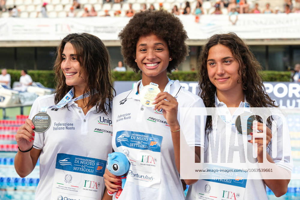 Podium of the day 2 at the Swimming Internationals of the 61th Settecolli in Roma, Italy - 27 Jun 2025 Emma Virginia Menicucci of Italy (L), Sara Curtis of Italy (C) and Sofia Morini of Italy (R) seen during Podium of Women s 100m Freestyle Final during the second day at the swimming internationals of the 61th Settecolli Trophy. Rome Italy