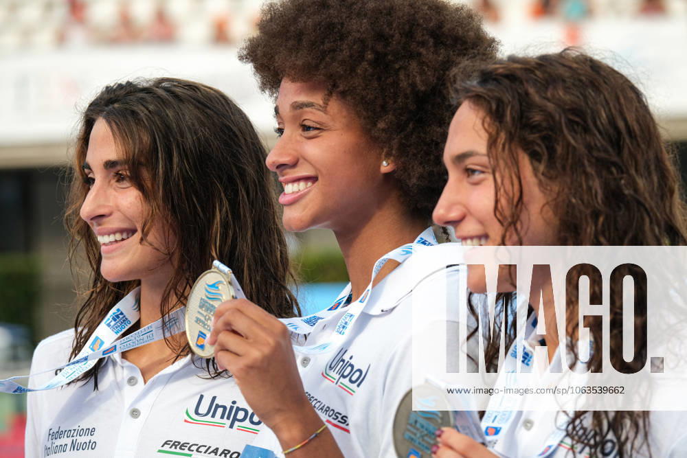 Podium of the day 2 at the Swimming Internationals of the 61th Settecolli in Roma, Italy - 27 Jun 2025 Emma Virginia Menicucci of Italy (L), Sara Curtis of Italy (C) and Sofia Morini of Italy (R) seen during Podium of Women s 100m Freestyle Final during the second day at the swimming internationals of the 61th Settecolli Trophy. Rome Italy