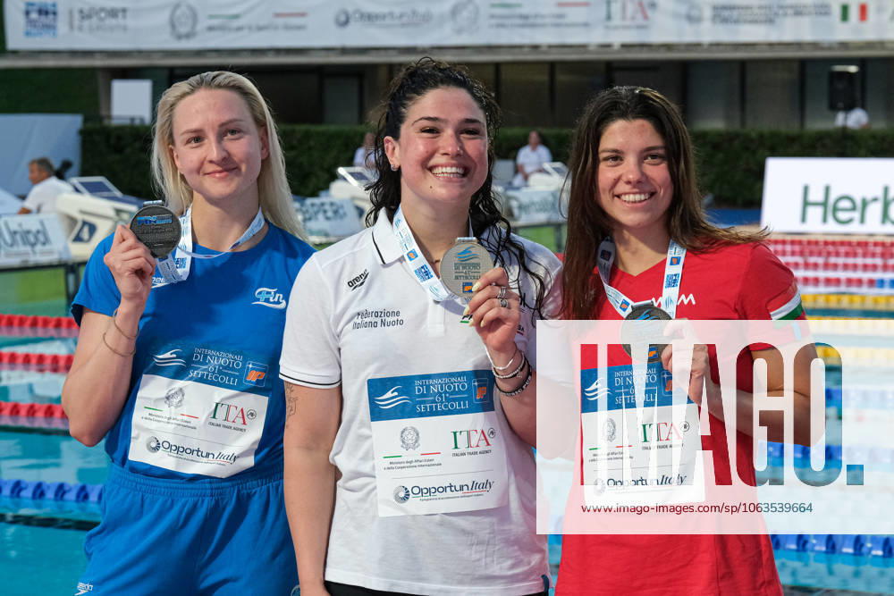 Podium of the day 2 at the Swimming Internationals of the 61th Settecolli in Roma, Italy - 27 Jun 2025 Veera Kivirinta of Finland (L), Benedetta Pilato of Italy (C) and Henrietta Fangli of Hungary (R) seen during Podium of Women s 50m Breaststroke Final during the second day at the swimming internationals of the 61th Settecolli Trophy. Rome Italy