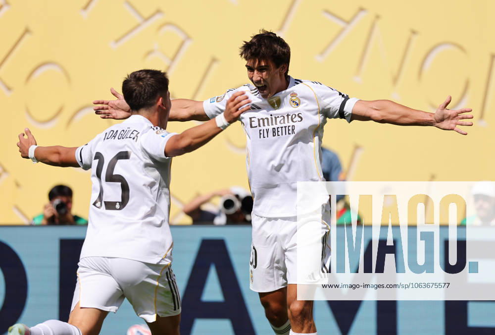 New Jersey, USA, 5th July 2025. Gonzalo Garcia of Real Madrid (lr celebrates scoring the first goal with Arda Guler of Real Madrid (r) during the Real Madrid vs Borussia Dortmund FIFA Club World Cup quarter final match at Metlife Stadium, New Jersey. Picture credit should read: David Klein Sportimage . SPI_033_DK_Madrid_Dortmund SPI-4006-0036