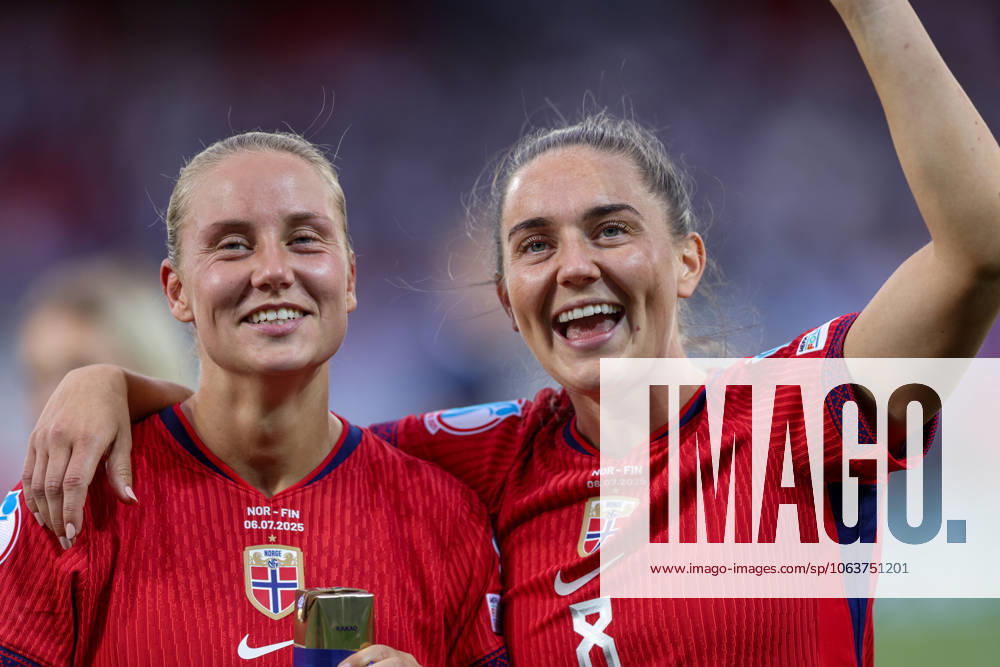 CHE, Sion, Norway vs Finland, international match, Länderspiel, Nationalmannschaft soccer, UEFA, Stade de Tourbillon, UEFA European Women s Championship 2025, group stage matchday 2 in the picture: norway celebrates the win over finland, Lisa Naalsund (Norway 21), Vilde Boe Risa (Norway 8) DFB DFL REGULATIONS PROHIBIT ANY USE OF PHOTOGRAPHS AS IMAGE SEQUENCES AND OR QUASI-VIDEO, 06.07.2025,
