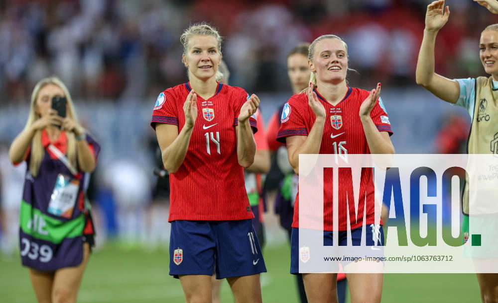 CHE, Sion, Norway vs Finland, international match, Länderspiel, Nationalmannschaft soccer, UEFA, Stade de Tourbillon, UEFA European Women s Championship 2025, group stage matchday 2 in the picture from left to right: Ada Hegerberg (Norway 14), Mathilde Harviken (Norway 16) celebrate the win DFB DFL REGULATIONS PROHIBIT ANY USE OF PHOTOGRAPHS AS IMAGE SEQUENCES AND OR QUASI-VIDEO, 06.07.2025,