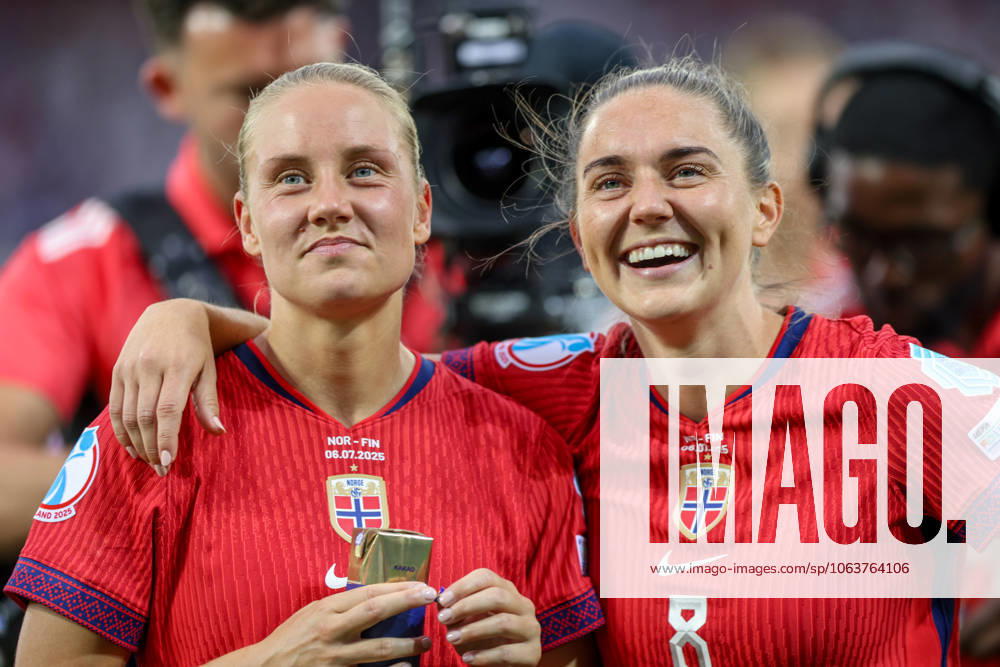 CHE, Sion, Norway vs Finland, international match, Länderspiel, Nationalmannschaft soccer, UEFA, Stade de Tourbillon, UEFA European Women s Championship 2025, group stage matchday 2 in the picture: Norway celebrate the win, Mathilde Harviken (Norway 16), Vilde Boe Risa (Norway 8) DFB DFL REGULATIONS PROHIBIT ANY USE OF PHOTOGRAPHS AS IMAGE SEQUENCES AND OR QUASI-VIDEO, 06.07.2025,
