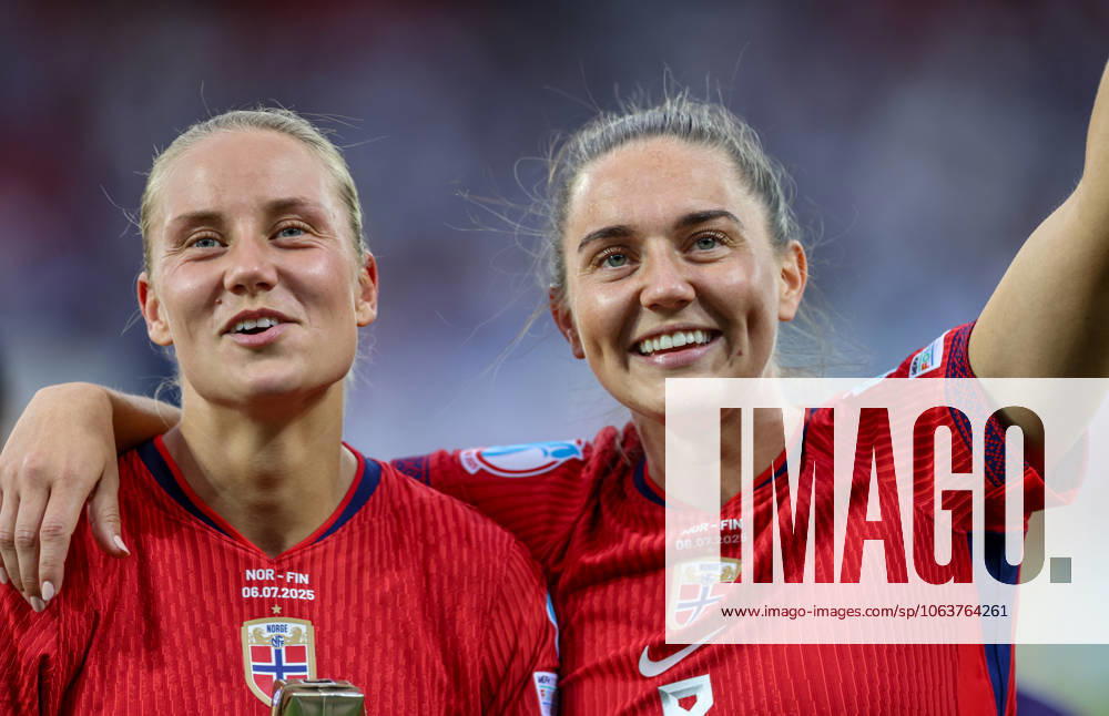 CHE, Sion, Norway vs Finland, international match, Länderspiel, Nationalmannschaft soccer, UEFA, Stade de Tourbillon, UEFA European Women s Championship 2025, group stage matchday 2 in the picture: Norway celebrate the win, Mathilde Harviken (Norway 16), Vilde Boe Risa (Norway 8) DFB DFL REGULATIONS PROHIBIT ANY USE OF PHOTOGRAPHS AS IMAGE SEQUENCES AND OR QUASI-VIDEO, 06.07.2025,