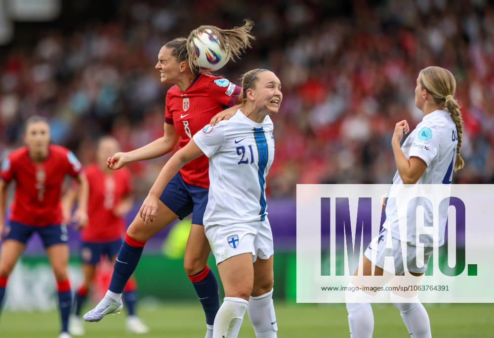 CHE, Sion, Norway vs Finland, international match, Länderspiel, Nationalmannschaft soccer, UEFA, Stade de Tourbillon, UEFA European Women s Championship 2025, group stage matchday 2 in the picture from left to right: Vilde Boe Risa (Norway 8), Oona Sevenius (Finland 21) DFB DFL REGULATIONS PROHIBIT ANY USE OF PHOTOGRAPHS AS IMAGE SEQUENCES AND OR QUASI-VIDEO, 06.07.2025,