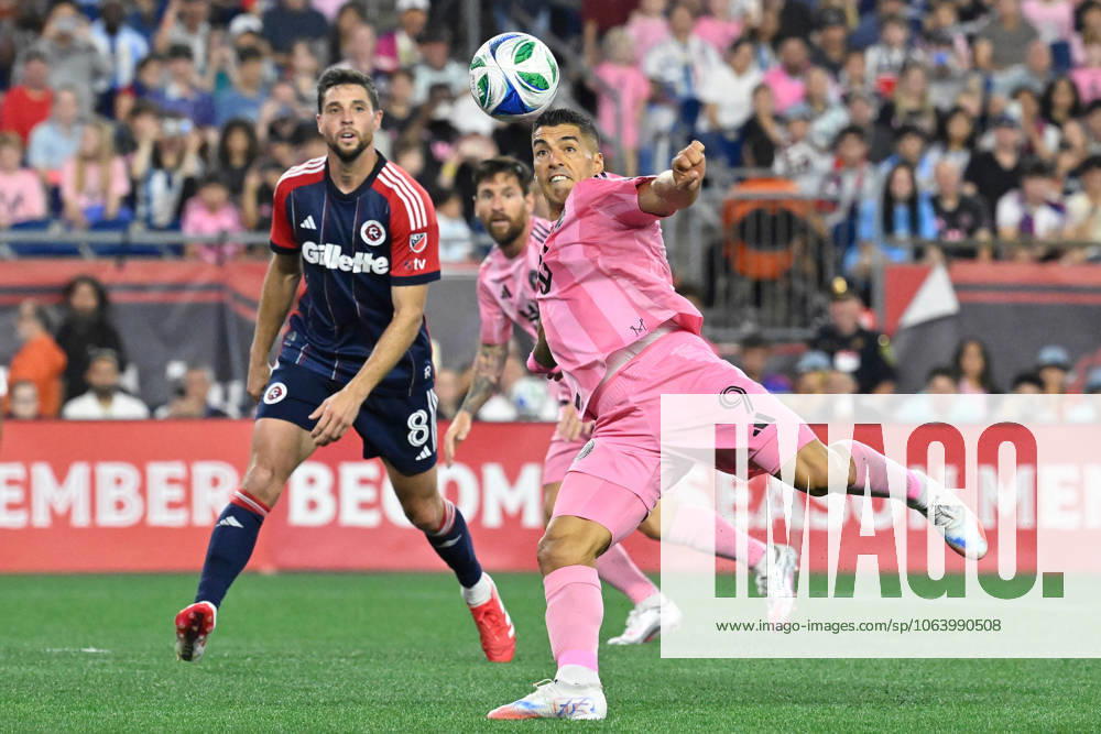 Foxborough, Massachusetts, USA; Inter Miami forward Luis Suarez (9) shoots against the New England Revolution during the second half at Gillette Stadium. CSM Foxborough USA - ZUMAc04_ 20250709_zma_c04_105