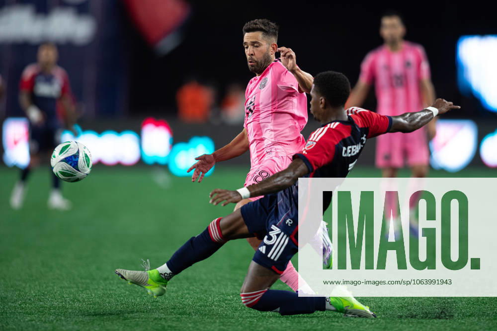 Foxborough, Massachusetts, USA; Inter Miami CF defender Jordi Alba (18) and New England Revolution defender Brayan Ceballos (3) fight for the ball in a Major League Soccer game between the New England Revolution and Inter Miami CF at Gillette Stadium. (c) CSM - ZUMAc04_ 20250709_zma_c04_203