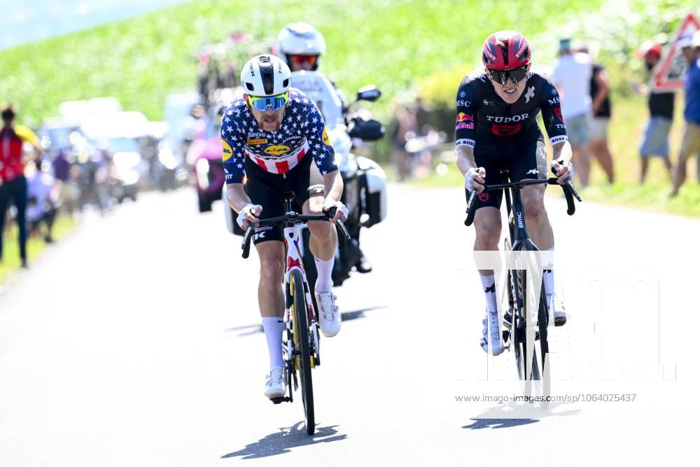 Australian Michael Storer of Tudor Pro Cycling Team and US Quinn Simmons of Lidl-Trek pictured in action during stage six of the 2025 Tour de France cycling, from Bayeux to Vire Normandie (201 km), on Thursday 10 July 2025 in France. The 112th edition of the Tour de France starts on Saturday 5 July in Lille, France, and will finish in Paris, France on the 27th of July. POOLxVINCENTxKALUT x128845591x