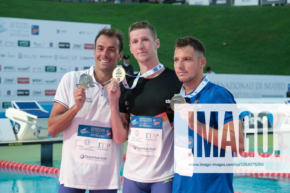 Podium of the day 3 at the Swimming Internationals of the 61th Settecolli in Rome, Italy - 28 Jun 2025 (L-R) Gregorio Paltrinieri of Italy, Florian Wellbrock of Germany and Ivan Giovannoni of Italy pose with their medals during the Podium of Men 1500m Freestyle during the third day at the swimming internationals of the 61th Settecolli Trophy. Rome Italy