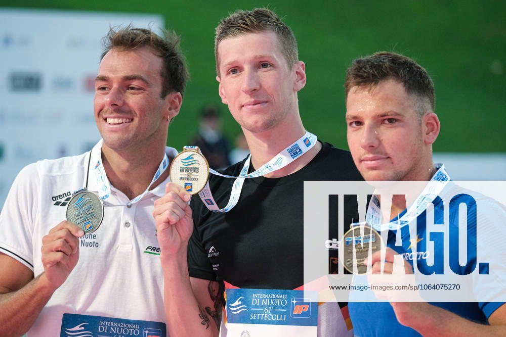 Podium of the day 3 at the Swimming Internationals of the 61th Settecolli in Rome, Italy - 28 Jun 2025 (L-R) Gregorio Paltrinieri of Italy, Florian Wellbrock of Germany and Ivan Giovannoni of Italy pose with their medals during the Podium of Men 1500m Freestyle during the third day at the swimming internationals of the 61th Settecolli Trophy. Rome Italy