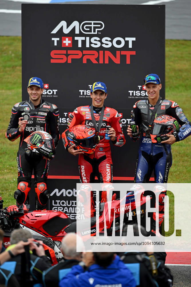 MOTO - MOTO GP - GERMANY GRAND PRIX 2025 MARQUEZ Marc (spa), Ducati Lenovo Team, Ducati Desmosedici GP25, podium, portrait with BEZECCHI Marco (ita), Aprilia Racing Team Gresini, Aprilia RS-GP 2025 and QUARTARARO Fabio (fra), Monster Energy Yamaha MotoGP, Yamaha YZR-M1 during the 2025 MotoGP Motul Liqui Moly Grand Prix of Germany, Germany GP, on the Sachsenring circuit, from July 11 to 13, in Germany - Hohenstein-ErnstthalGermany