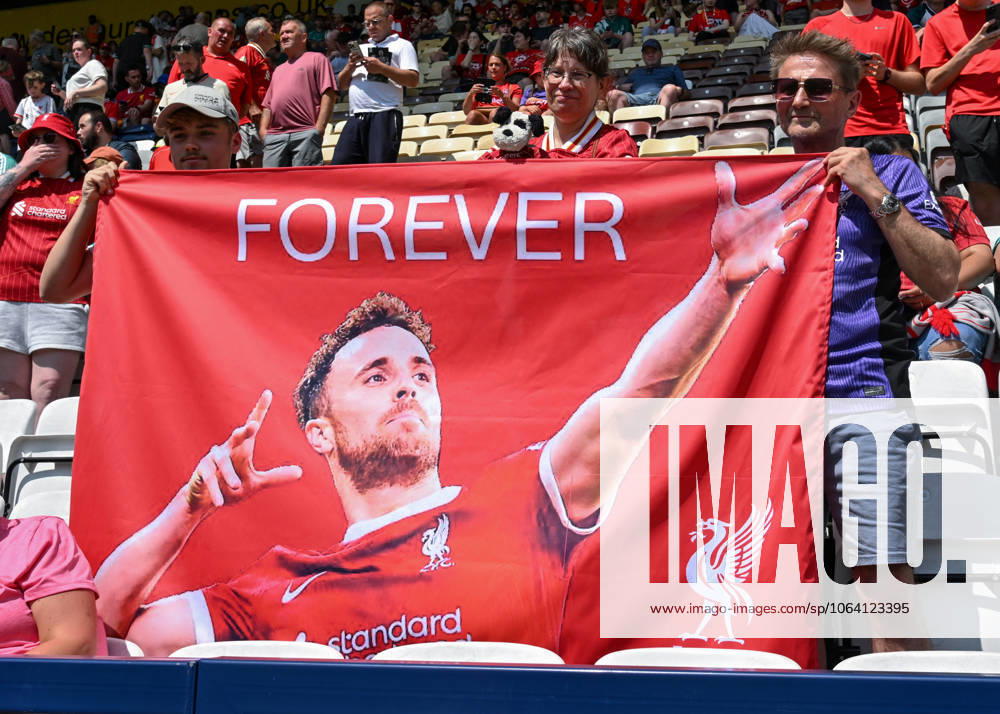 Preston, England, 13th July 2025. Liverpool fans holding a banner in tribute of Liverpool player Diogo Jota ahead of the Preston North End vs Liverpool Pre Season Friendly match at Deepdale, Preston. Picture credit should read: Cody Froggatt Sportimage . SPI_018_CF_PRESTON_V_LIVERPOOL SPI-4018-0018