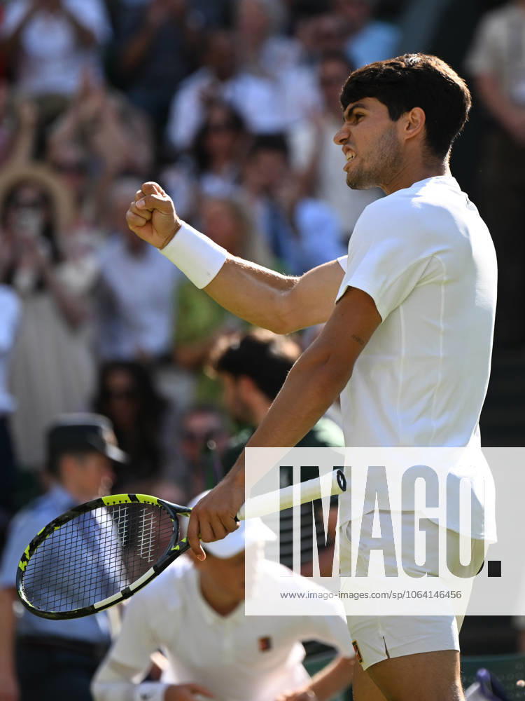 (250714) -- LONDON, July 14, 2025 -- Carlos Alcaraz celebrates scoring during the men s singles final between Carlos Alcaraz of Spain and Jannik Sinner of Italy at the Wimbledon Tennis Championships in London, Britain, July 13, 2025. ) (SP)BRITAIN-LONDON-TENNIS-WIMBLEDON-MEN S SINGLES-FINAL LixYing