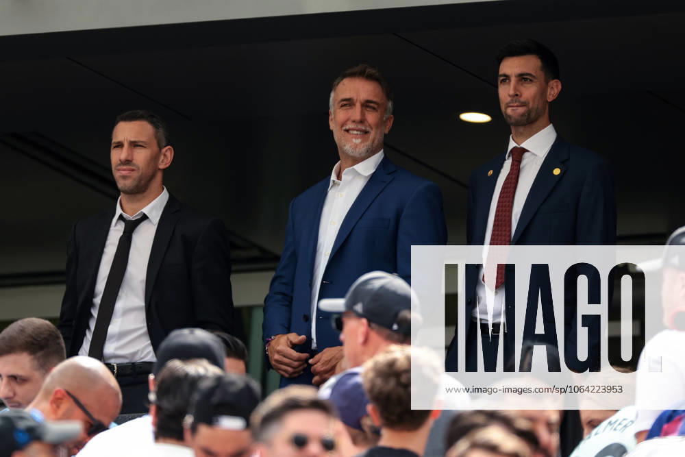 New Jersey, USA, 13th July 2025. Argentine former footballers Maxi Rodriguez, Gabriel Batistuta and Javier Pastore look on prior to kick off in the Chelsea vs Paris Saint Germain FIFA Club World Cup match at Metlife Stadium, New Jersey. Picture credit should read: Jonathan Moscrop Sportimage . SPI_038_JM_CHELSEA_PSG_ SPI-4016-0038