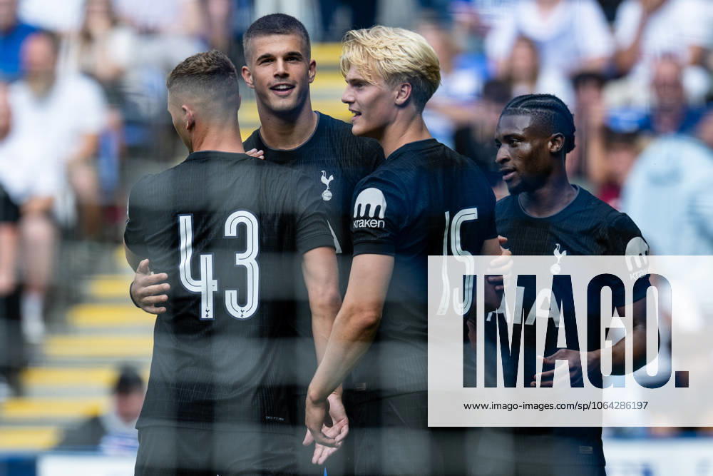Luka Vuskovic of Tottenham Hotspur goal celebration, Lucas Bergvall during the Pre season 2025 26 friendly match between Reading and Tottenham Hotspur at Madejski Stadium In Reading. Tottenham Hotspur at Reading