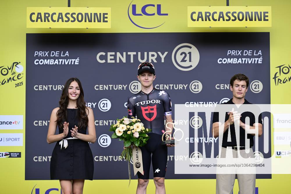Australian Michael Storer of Tudor Pro Cycling Team pictured on the podium after the stage 15 of the 2025 Tour de France cycling race, from Muret to Carcasonne (169 km), on Sunday 20 July 2025 in France. The 112th edition of the Tour de France starts on Saturday 5 July in Lille, France, and will finish in Paris, France on the 27th of July. DIRKxWAEM x129661106x