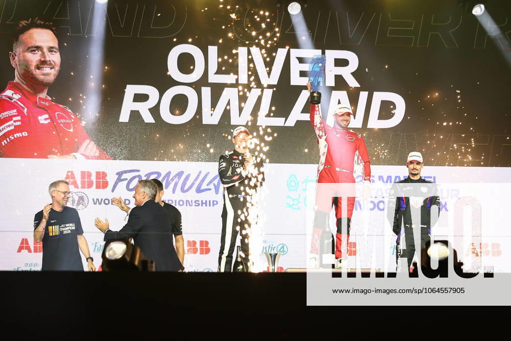 2025 FORMULA E LONDON ePRIX ROWLAND Oliver (gbr), Nissan Formula E Team, Nissan e-4ORCE, portrait, podium during the London ePrix, 15th and 16th round of the 2024-25 ABB FIA Formula E World Championship, WM, Weltmeisterschaft on the ExCel London Circuit from July 25 to 27, 2025 in London, United Kingdom - LondonUnited Kingdom