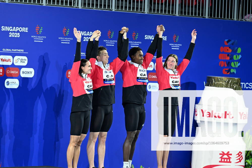 World Aquatics Championships 2025 Singapore World Aquatics Championships 2025 Singapore Mixed 4x100m Medley Relay Final Medal Ceremony Gold medallists Team NAB, silver medallists Team China (CHN), and bronze medallists Team Canada (CAN) pose with their medals during the victory ceremony for the Mixed 4x100m Medley Relay at the World Aquatics Championships in Singapore, July 30, 2025 Singapore Singapore Sports Hub Singapore