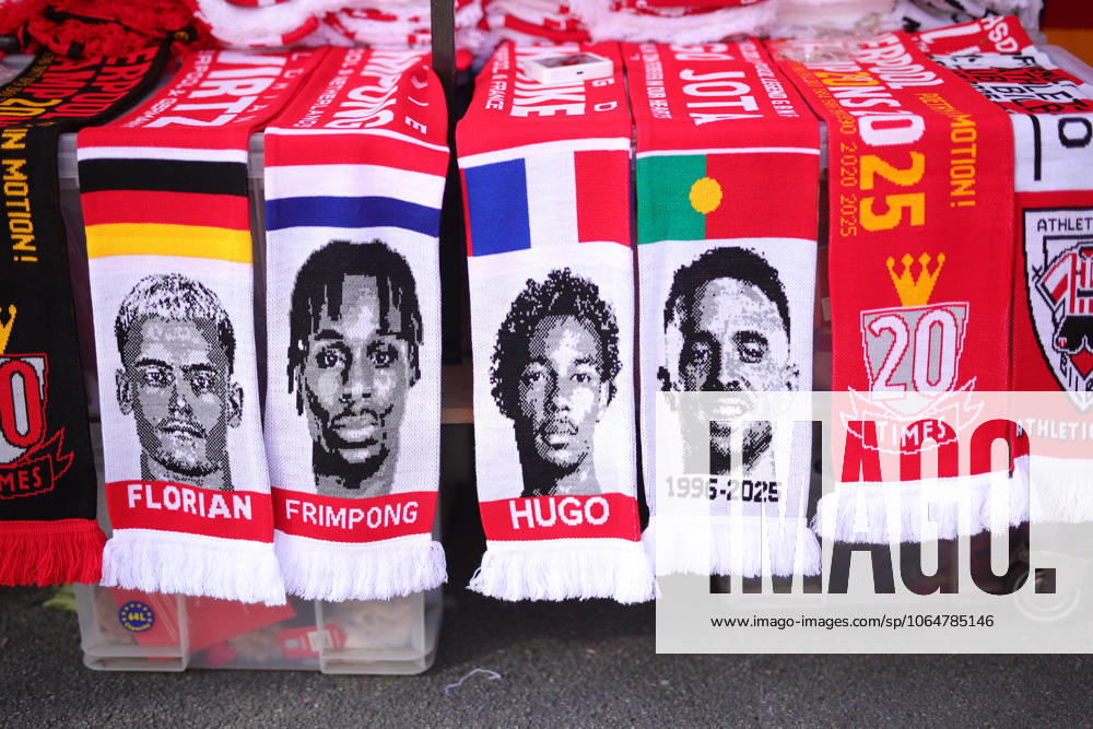 Football - Pre-Season Friendly - Liverpool v Athletic Bilbao 4th August 2025 - Pre-Season Friendly - Liverpool v Athletic Bilbao - Souvenir scarves bearing the faces of Florian Wirtz of Liverpool, Jeremie Frimpong of Liverpool, Hugo Ekitike of Liverpool and the late Diogo Jota are seen for sale - Photo: Simon Stacpoole Offside. Liverpool UK