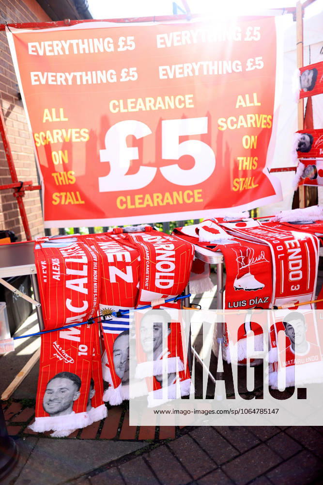 Football - Pre-Season Friendly - Liverpool v Athletic Bilbao 4th August 2025 - Pre-Season Friendly - Liverpool v Athletic Bilbao - A souvenir scarf featuring the face of former Liverpool player Trent Alexander-Arnold is seen in the clearance section of a merchandise stall - Photo: Simon Stacpoole Offside. Liverpool UK