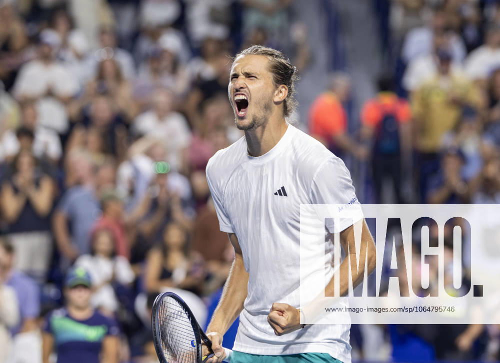 (250805) -- TORONTO, Aug. 5, 2025 -- Alexander Zverev of Germany celebrates victory after the men s singles quarterfinal match between Alexander Zverev of Germany and Alexei Popyrin of Australia at the 2025 National Bank Open tennis tournament in Toronto, Canada, on Aug. 4, 2025. (Photo by Xinhua) (SP)CANADA-TORONTO-TENNIS-NATIONAL BANK OPEN-MEN S SINGLES-QUARTERFINALS ZouxZheng