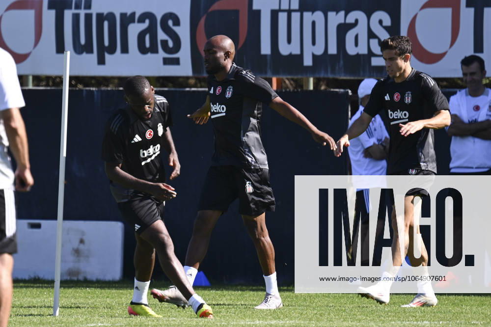 Besiktas training session ahead of UEFA Europa League match against Ajax ISTANBUL, TURKIYE - SEPTEMBER 25: Al Musrati (C) and Gabriel Paulista (R) of Besiktas attend a training session ahead of UEFA Europa League match against Ajax at Besiktas Nevzat Demir Facilities in Istanbul, Turkiye on September 25, 2024. Istanbul Turkey. Editorial use only. Please get in touch for any other usage.