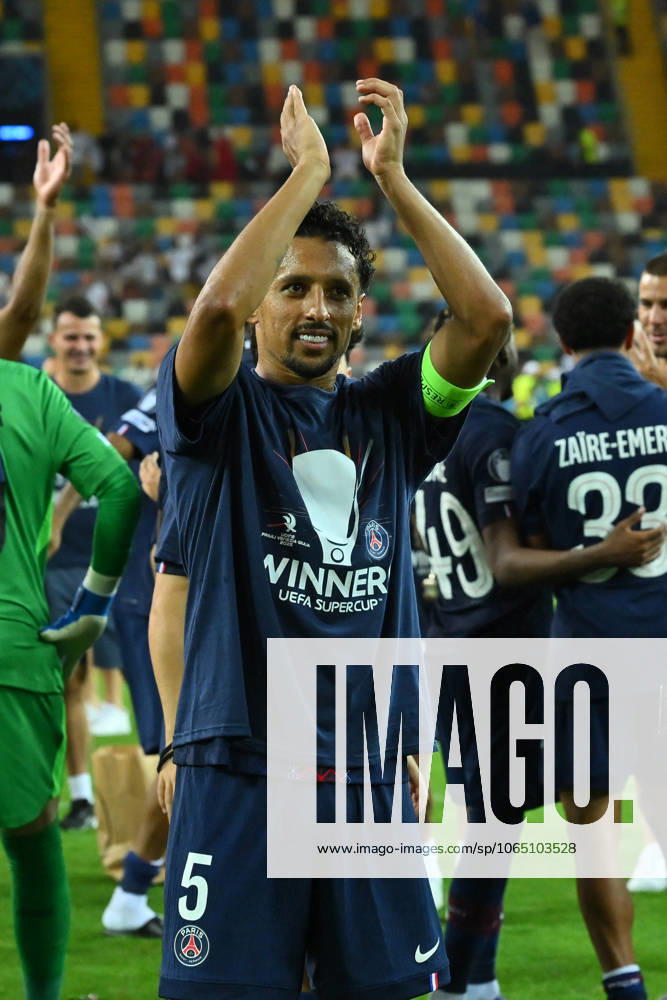 CALCIO - UEFA Super Cup - Paris Saint-Germain FC vs Tottenham Hotspur FC Marquinhos of Paris Saint-Germain F.C. celebrate the vicroty of the UEFA Super Cup 2025 match between Paris Saint-Germain F.C. and Tottenham Hotspur F.C. at Friuli Stadium on August 13, 2025 in Udine, Italy. Udine Italy