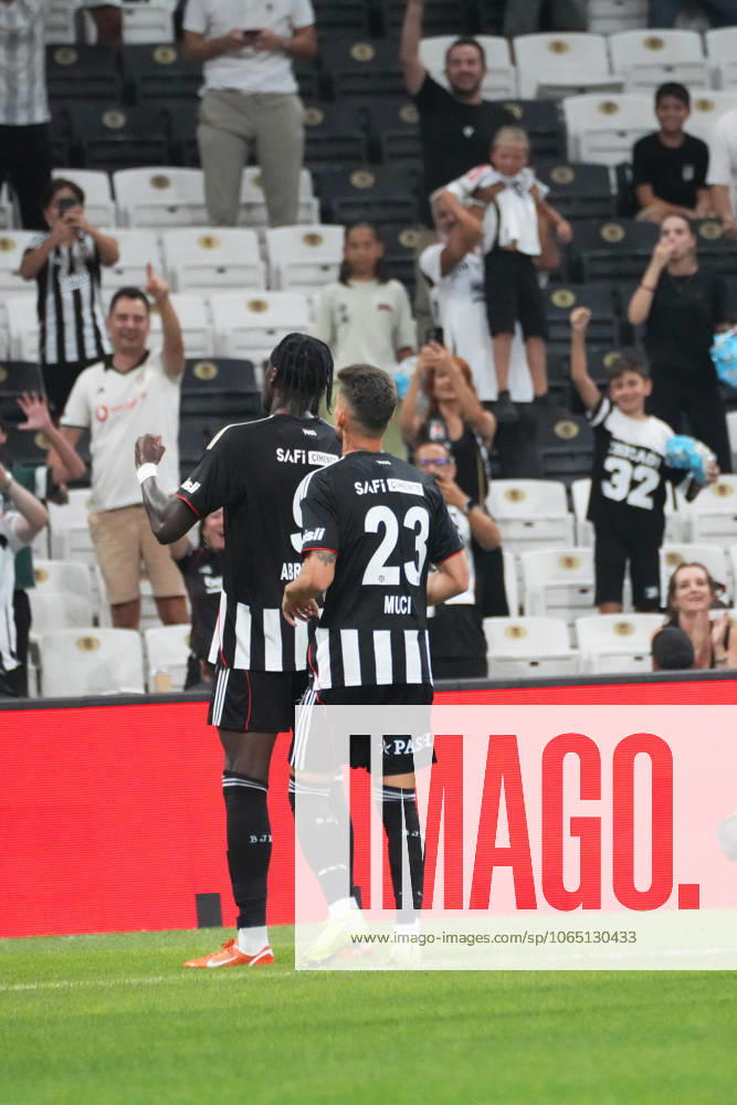 Tammy Abraham of Besiktas celebrates after scoring the second goal of his team with Ernest Muci (23) during the UEFA Conference League 2025 26 Third Qualifying Round Second Leg match between Besiktas and St Patricks at Tupras Stadium on August 14, 2025 in Istanbul , Turkey. ( Photo by Seskimphoto ) Istanbul Turkey Istanbul Turkey