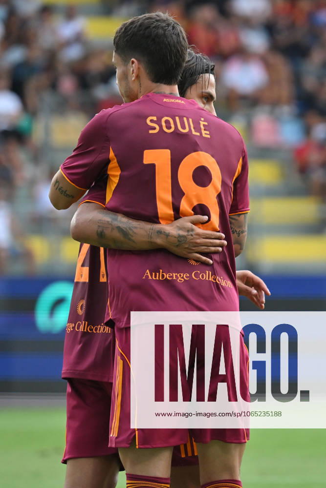 Matias Soule of AS Roma celebrates scoring his goal during the friendly match between AS Roma v Neom at Benito Stirpe stadium in Frosinone, Italy, Aug 16th,, 2025. Mattia Vian during Roma vs Neom, Friendly football match in Frosinone, Italy, August 16 2025