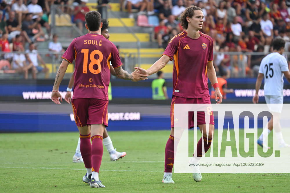 Matias Soule of AS Roma celebrates scoring his goal during the friendly match between AS Roma v Neom at Benito Stirpe stadium in Frosinone, Italy, Aug 16th,, 2025. Mattia Vian during Roma vs Neom, Friendly football match in Frosinone, Italy, August 16 2025