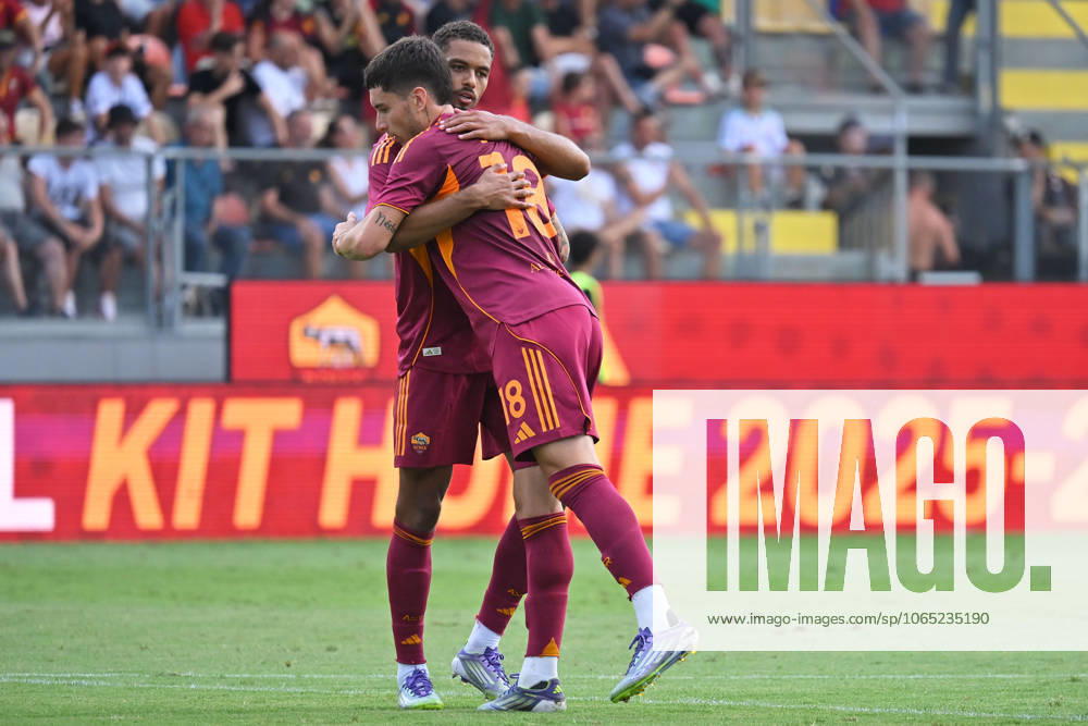 Matias Soule of AS Roma celebrates scoring his goal during the friendly match between AS Roma v Neom at Benito Stirpe stadium in Frosinone, Italy, Aug 16th,, 2025. Mattia Vian during Roma vs Neom, Friendly football match in Frosinone, Italy, August 16 2025