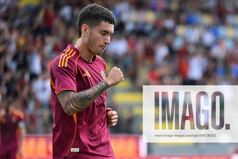 Matias Soule of AS Roma celebrates scoring his goal during the friendly match between AS Roma v Neom at Benito Stirpe stadium in Frosinone, Italy, Aug 16th,, 2025. Mattia Vian during Roma vs Neom, Friendly football match in Frosinone, Italy, August 16 2025