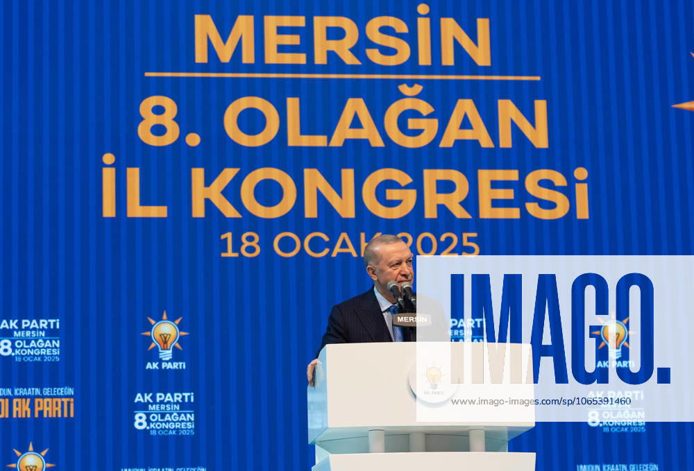 Turkish President Recep Tayyip Erdogan MERSIN, TURIYE - JANUARY 18: Turkish President and leader of the Justice and Development (AK) Party Recep Tayyip Erdogan makes a speech during the AK Party’s 8th Ordinary Provincial Congress at Servet Tazegul Sports Hall in Mersin, Turkiye on January 18, 2025. Mersin Turkey. Editorial use only. Please get in touch for any other usage.